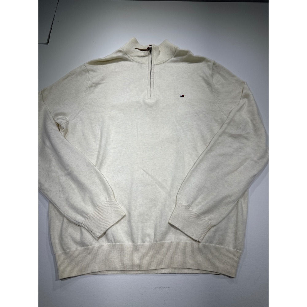 Tommy Hilfiger Mens XL Quarter Zip Sweater Cream Heathered Cotton Pullover.
